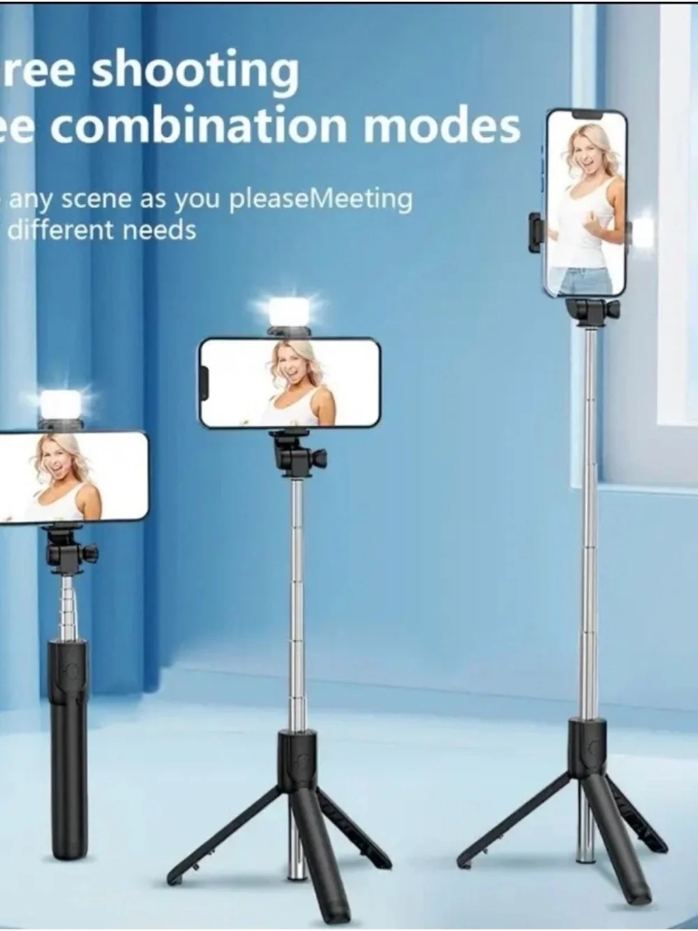Adjustable Tripod Selfie Stick with Remote and LED Light - Black